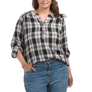 NEW Jane And Delancey Top 2X Black White Plaid Popover Roll Tab Sleeves Casual
